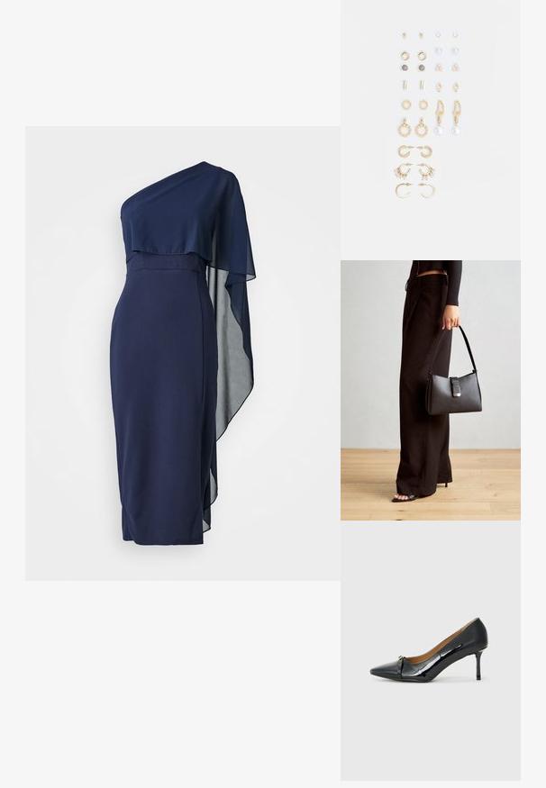 WAL G. ONE SHOULDER MIDI - Cocktailklänning - navy blue; Svart lackläder högklackad sko med spetsig tå, dekorativ rem detalj fram och en tunn stilettklack.; Svart handväska med strukturerad form, slät yta och metallspänne. Matchad med vida svarta byxor och sandaler med öppen tå på trägolv.; Set med guldtonade örhängen med olika designer, inklusive studs, hoops och hängande delar med pärlor och rhinestones.