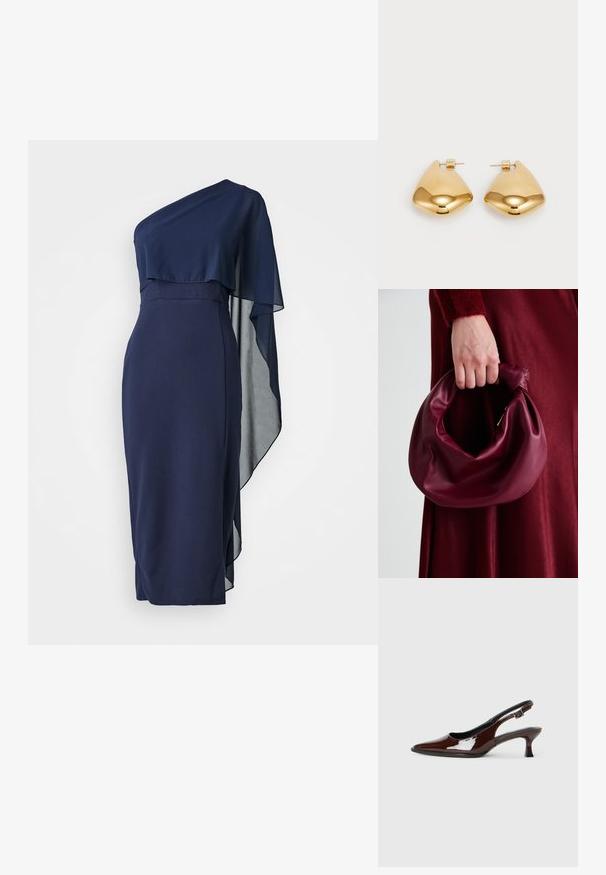 WAL G. ONE SHOULDER MIDI - Koktailové šaty/večierkové šaty - navy blue; Hnedá lakovaná slingback obuv s špicatou špičkou a mierne vysokým opätkom. Obsahuje pracku pre bezpečné upevnenie. Hladká textúra.; Burgundská kožená kabelka s mäkkým, zhromaždeným dizajnom a zaobleným tvarom. Rukoväť je pevne zaisťujúca a vystavuje hladkú textúru.; Náušnice z kovu v zlatej farbe s hladkým, zaobleným trojuholníkovým tvarom a dizajnom na zapichovanie; reflexný povrch s minimálnymi detailmi.