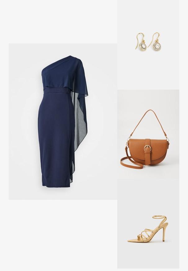 WAL G. ONE SHOULDER MIDI - Koktailové šaty/večierkové šaty - navy blue; Zlaté sandále na vysokom opätku s remienkom, špicatou špičkou, metalickým povrchom, štíhlym remienkom na členku a textúrovaným opätkom. Elegantný dizajn s minimálnymi akcentmi.; Hnedá kožená kabelka cez telo s zakriveným tvarom, zlatými kovovými doplnkami a akcentom s prackou. Obsahuje odnímateľný ramenný popruh.; Náušnice zlatého odtieňa s oválnymi čírymi kryštáli obklopenými menšími čírými kameňmi, s háčikovým dizajnom pre bezpečné nosenie.