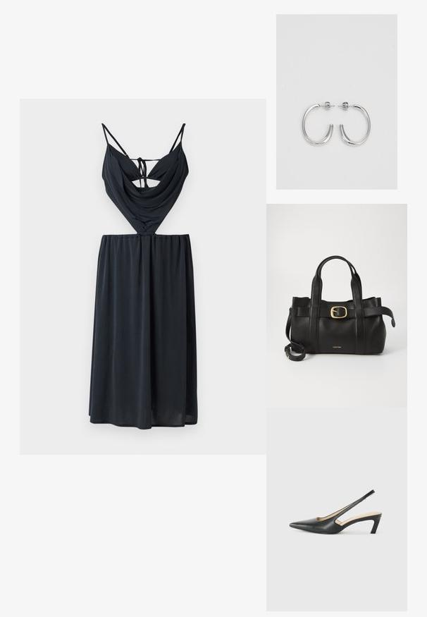 Fekete ujjatlan ruha, amelynek drapírozott felső része van, keresztezett pántokkal és elasztikus derékkal, egyenes, középhosszú szoknyába folyik.; Fekete, hegyes orrú, slingback cipő alacsony sarkával, sima bőrből készült, oldalt kivágott deisgnal a légáteresztőképesség érdekében.; Fekete bőr kézitáska, amely strukturált kialakítással rendelkezik, dupla felső fogantyúval, arany tónusú csattal és a márka dombornyomott logójával az elején.; Ezüst karika fülbevalók sima, fényes felülettel. Lekerekített forma, könnyű kialakítással, tűs zárómechanizmussal.