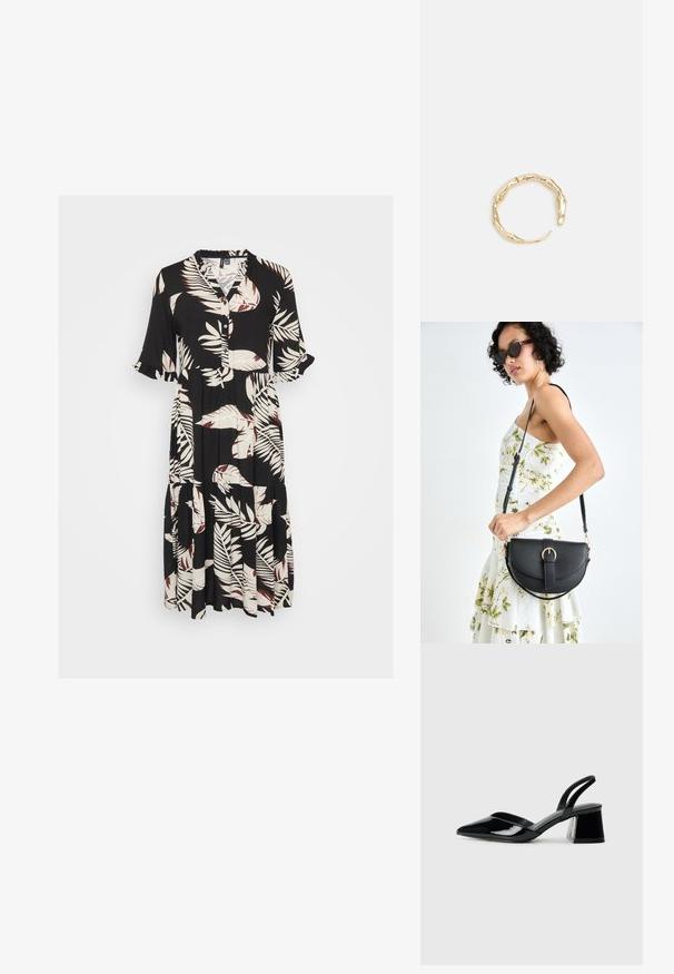 Czarna sukienka z krótkimi rękawami, zapinana na guziki z przodu i z wielowarstwowym dołem. Posiada biało-burgundowy wzór liści na miękkim materiale.; Czarne lakierowane półbuty na obcasie z wydłużonym noskiem i geometrycznym słupkiem. Charakteryzują się eleganckim, minimalistycznym designem oraz gładką fakturą.; Czarna skórzana torebka o zakrzywionym kształcie, z odpinanym paskiem i złotymi akcentami. Torebka posiada klapę z zapięciem w kształcie klamry.; Pierścionek w odcieniu złota z organicznym, skręconym wzorem, o gładkiej fakturze i zwężających się końcach, tworzący nowoczesny, rzeźbiarski wygląd.