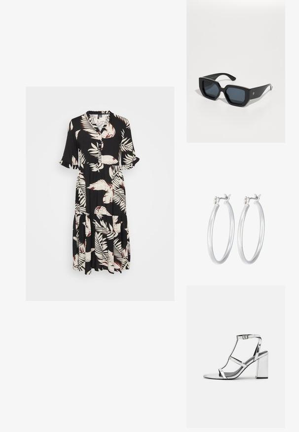 Černé šaty s krátkými rukávy, zapínáním na knoflíky vpředu a vícevrstvou sukní. Mají bílo-vínový vzor listů na jemné textuře látky.; Stříbrná kovová sandálová obuv na podpatku s designem T-řemínku, nastavitelnou sponou na kotníku a blokovým podpatkem, s hladkým, reflexním povrchem.; Černé oversized sluneční brýle s geometrickým designem, obdélníkovými skly a lesklým povrchem. Na přední straně není viditelné žádné logo.; Stříbrné kruhové náušnice s hladkým, lesklým povrchem. Kulatý tvar a bezpečné zapínání na klip. Lehký design vhodný pro každodenní nošení.