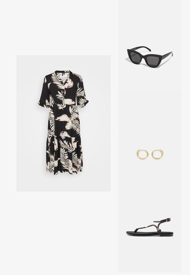 Abito nero con maniche corte, chiusura frontale a bottoni e gonna a strati. Presenta un motivo a foglie bianche e bordeaux su una texture di tessuto soffice.; Sandali neri piatti con cinturini intrecciati e un accent metallico. Presentano una fibbia regolabile e una suola in gomma piatta per il comfort.; Occhiali da sole neri a forma di occhio di gatto con finitura opaca, dotati di lenti grigie, angoli acuti e stanghette slanciate. Nome del marchio visibile all'interno della stanghetta.; Orecchini a cerchio in oro con un design liscio e arrotondato. Presentano una piccola chiusura a cerniera, un aspetto leggero e una finitura lucida.