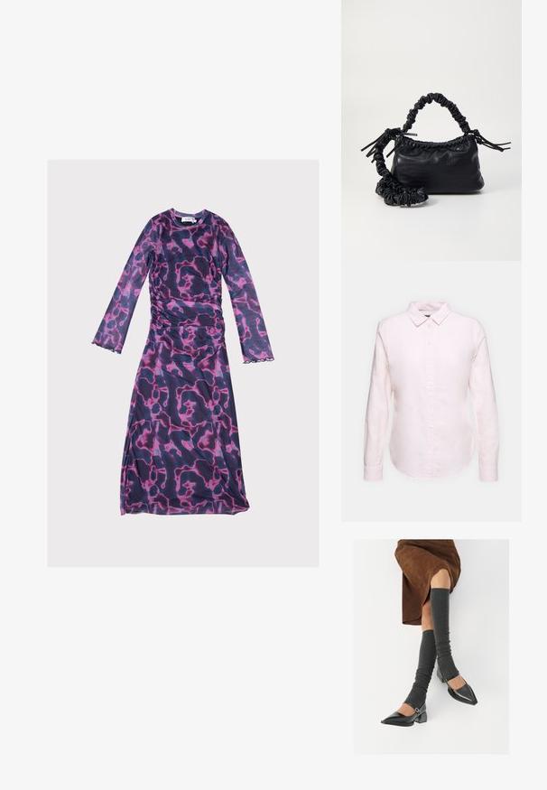 Dlhé rukávy šaty v purpurovo-ružovom abstraktnom vzore, s naťahovanými stranami a zúbkovanými lemami, vyrobené z ľahkej, elastickej látky.; Svetloružová košeľa s dlhým rukávom a golierom na gombíky, s rovno strihaným lemom a jemnou textúrou, vyrobená z ľahkej bavlnenej látky.; Čierne lakované kožené topánky s špicatou špičkou, blokovým podpätkom a členkovým remienkom, ktoré sú kombinované so šedými rebrovanými legínami a hnedou zamšovou sukňou.; Čierna umelá kožená kabelka s kroko vzorom, sťahovaným vrchom a zhnutým popruhom. Vyzerá mäkko a kompaktné v dizajne.