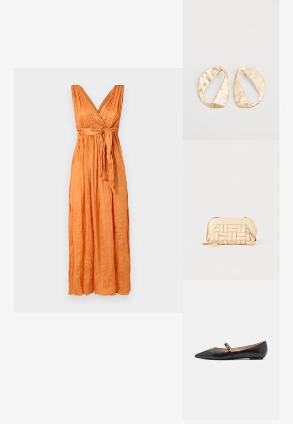 Maxi kleit säravas oranžis kreppkangas, millel on sügav V-kaelus, volangiline korpus ja nööritu vöö, et luua määratletud vorm ja voolav siluett.; Musthave mustanahkased balletkingad terava varbaga ja külgrihmaga, millel on ümmargune kuldne aksessuaar. Kerged ja tasase tallaga.; Kootud beež käsipaga, millel on struktureeritud disain, sile ülemine osa ja pikk rihm. Tekstureeritud detailid tõstavad eseme üldilmet.; Eba paar eba ebaorditud ovaalkujulisi kuldehhe kaal setertu, kerge keersuju pinnaga valgel taustal.