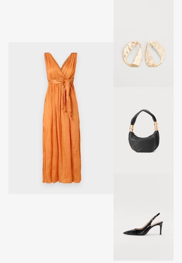 Rochie maxi din țesătură crep vibrantă de culoare portocalie, având un decolteu adânc în V, un bust plisat și o talie legată pentru o formă definită și o siluetă fluidă.; Pantofi slingback din piele patent neagră, cu vârful ascuțit, tocul subțire și un design discret cu decupaj. Se evidențiază printr-un cataramă aurie pe curea.; Geantă de mână din piele neagră, cu o formă rotundă, textură moale și un mâner legat, având accente din metal auriu. Închidere cu fermoar.; O pereche de cercei din metal de culoare aurie, cu formă ovală neregulată, având o suprafață texturată, ușor ciocănită, pe un fundal alb.