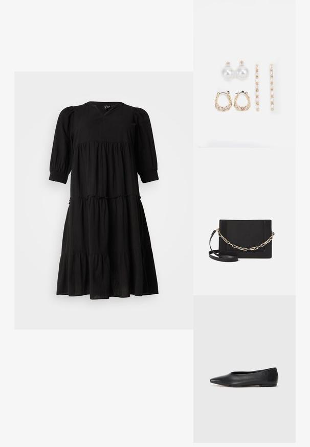 Czarna sukienka warstwowa z dekoltem w kształcie litery V, bufiastymi rękawami i elastycznymi mankietami. Wykonana z lekkiego materiału, charakteryzuje się zwiewną sylwetką i subtelną teksturą.; Czarne baleriny z lakierowanej skóry, spiczasty nosek, minimalistyczny design, gładka faktura, niskie obcasy, bez widocznych elementów metalowych czy ozdób.; Czarna skórzana torebka typu crossbody z gładką teksturą, prostokątnym kształtem oraz metalowym detalem w postaci łańcuszka z przodu. W zestawie regulowany pasek.; Trzy pary kolczyków: duże białe perły wkrętki, złote kolczyki w kształcie kół z przezroczystymi kamieniami, oraz dwa długie, proste złote kolczyki akcentujące z błyszczącymi detalami.