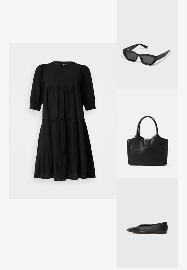 Schwarzes, gestuftes Kleid mit V-Ausschnitt, Puffärmeln und elastischen Bündchen. Hergestellt aus einem leichten Stoff, mit einer fließenden Silhouette und subtiler Textur.; Schwarze Leder-Balletschuhe, spitze Zehenform, minimalistische Gestaltung, glatte Textur, niedriger Absatz, keine sichtbaren Beschläge oder Verzierungen.; Schwarze rechteckige Sonnenbrillen mit dicken Rahmen, dunklen Gläsern und kantigem Design. Glattes Plastikmaterial ohne sichtbare Muster oder Akzente.; Schwarze Leder-Tote mit glatter Textur, strukturiertem Design, zwei Griffen und einem auffälligen silbernen Schnallen-Detail auf der Vorderseite.; Silberner Doppelring mit einer glatten, polierten Oberfläche. Verfügt über ein fließendes, kurviges Design mit überlappenden Abschnitten für einen modernen Look.