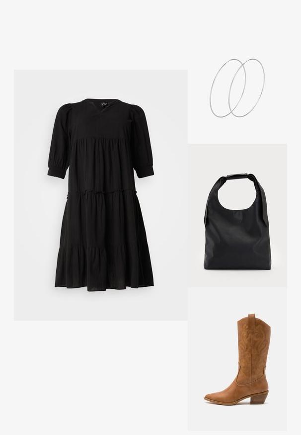 Crna haljina s višestrukim slojevima, V-izrezom, nabranim rukavima i elastičnim manžetama. Izrađena od laganog materijala, sa lepršavom siluetom i suptilnom teksturom.; Smeđe kožne kaubojke s oštrim nosom, izvezenim spiralnim uzorcima na gornjem dijelu i blok petom. Imaju potporu za lakše obuvanje.; Crna kožna hobo torba s jednim mekanim, zaobljenim ručkom; karakterizira je glatka tekstura i minimalistički dizajn. Nema vidljivih hardverskih detalja ili akcenata.; Srebrne okrugle naušnice s minimalističkim dizajnom. Kružni oblik, glatka tekstura i tanak profil. Lagane s poliranim završetkom.