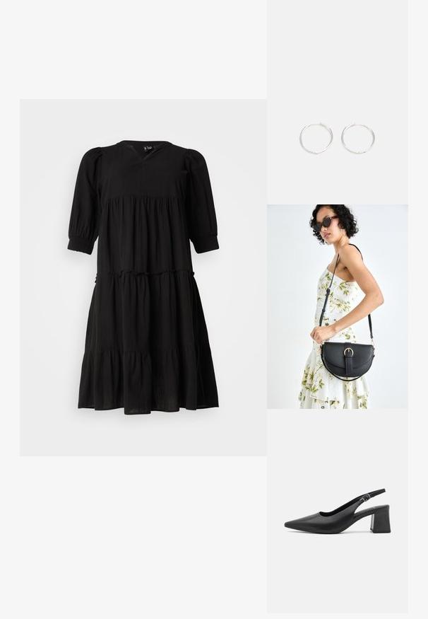 Sort lagdelt kjole med V-hals, puffærmer og elastiske manchetter. Fremstillet af et letvægtsstof, der har en flydende silhuet og subtil tekstur.; Sorte læder slingback hælesko med spids tå og chunky blokhæle. Har en justerbar rem med en metalspænde.; Sort læderhåndtaske med en buet form, aftagelig rem og guldfinish. Tasken har en klap med en spænde detalje.; Sølv hoop øreringe med et slankt, rundt design, der har en glat overflade og ingen synlige udsmykninger. Diameter ikke specificeret.