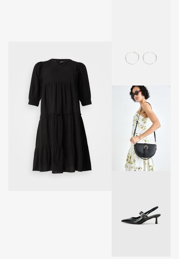 Rochie neagră, cu straturi, decolteu în V, mâneci puff și manșete elastice. Confecționată dintr-un material ușor, prezintă o siluetă fluidă și o textură subtilă.; Sandale cu toc din piele patent neagră, cu vârful ascuțit și un toc mic bloc, având un accent cu cataramă argintie pe curea.; Geantă din piele neagră, cu o formă curbată, curea detașabilă și accesorii aurii. Geanta are un capac cu un detaliu tip cataramă.; Cercei din argint cu un design elegant și rotund, având o suprafață netedă și fără embellismente vizibile. Diametrul nu este specificat.