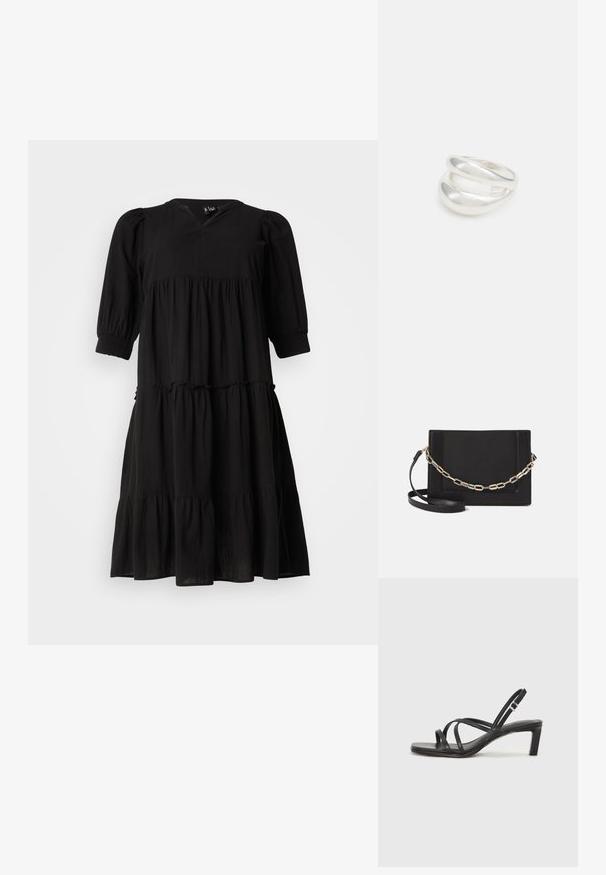 Črna slojevita obleka z V-izrezom, napihnjenimi rokavi in elastičnimi manšetami. Narejena iz lahke tkanine, z ohlapno silhueto in subtilno teksturo.; Črne natikače s trakovi in kvadratnim prstom ter nizkim blokastim peto. Imajo več tankih trakov in nastavljiv trak okoli gležnja. Narejene so iz gladkega usnja.; Črna usnjena torba čez ramo z gladko teksturo, pravokotno obliko in kovinskim verižnim detajlom spredaj. Vključena je nastavljiva naramnica.; Srebrn dvojni prstan z gladko, polirano površino. Ima tekoč, ukrivljen dizajn z prekrivajočimi se sekcijami za sodoben videz.