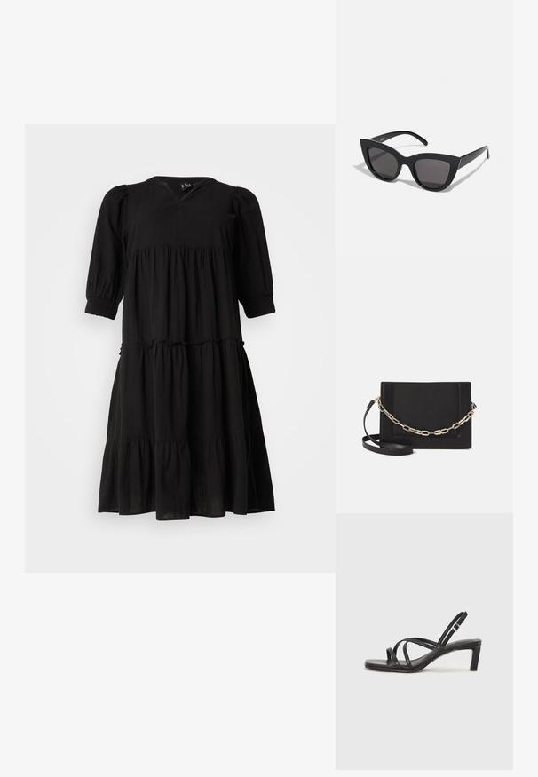 Black tiered dress with a V-neckline, puff sleeves, and elastic cuffs. Made of a lightweight fabric, featuring a flowing silhouette and subtle texture.; Black strappy sandal with a square toe and a low block heel. Features multiple thin straps and an adjustable ankle strap. Made of smooth leather.; Black cat-eye sunglasses with a matte finish, featuring gray tinted lenses, sharp angles, and sleek side arms. Brand name visible on the inner arm.; Black leather crossbody bag featuring a smooth texture, rectangular shape, and a metallic chain detail on the front. Adjustable strap included.