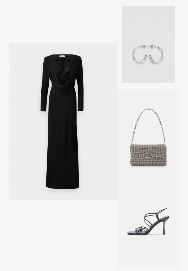 Μαύρο φόρεμα μήκους μέχρι το πάτωμα με μακριά μανίκια, λαιμόκοψη σε γιακά και ρουστίκ λεπτομέρειες στο στήθος. Κατασκευασμένο από μαλακό, ελαστικό ύφασμα με λεία υφή.; Μαύρες ψηλοτάκουνες σανδάλες με λεπτές λωρίδες και σχέδιο με κόμπους, λείο τετράγωνο μπροστινό μέρος και κομψό τακούνι στιλέτο.; Ανοικτό γκρι μεταλλική τσάντα χειρός με αλυσίδα, διακοσμημένη με μικρούς κυκλικούς μεταλλικούς στύλους και ένα τριγωνικό λογότυπο της μάρκας.; Ασημένια σκουλαρίκια κρίκοι με λεία, λαμπερή φινίρισμα. Στρογγυλό σχήμα, ελαφρύ σχέδιο, με κλείσιμο τύπου πίσω.