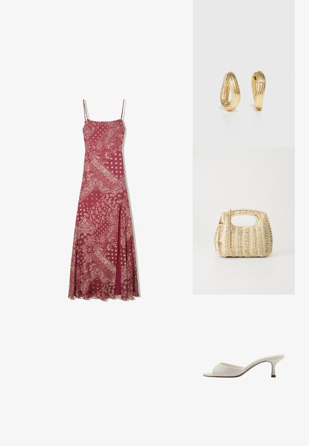 Dolga burgundska obleka s tanjšimi naramnicami, z vzorcem paisley v krem barvi, ravnega kroja in sprednjim razporkom za lažje gibanje.; Bele odprte visoke petke z gladko površino, minimalističnim oblikovanjem in vitko peto, ki ima subtilen rjav odtenek na podplatu.; Tkaná slamnata torbica v svetle bež barvi s zaobljenim telesom, odprtim vrhom in odstranljivo naramnico. Opazna textura in dovršena vzorčna tkanina.; Uhani z zlatim tonom v obliki obroča s zasukanim dizajnom, ki ima rebrasto teksturo in gladek finiš. Lahka in votla konstrukcija.