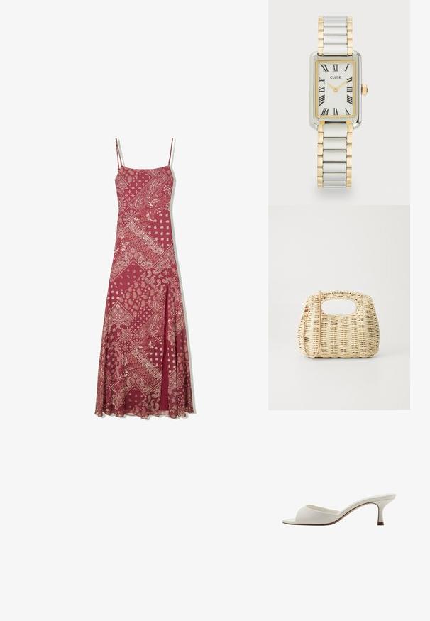 Lang burgunderkjole med spaghetti-stropper, prydet med et paisley-mønster i creme, en lige pasform og en forsvundet slids foran for lettere bevægelse.; Hvide åbne højhælede mules med en glat finish, minimalistisk design og en slank hæl, der har en subtil brun accent på sålen.; Vævet stråtaske i lyse beige med en afrundet form, åben top og en aftagelig rem. Bemærkelsesværdig tekstur og indviklet vævemønster.; Cluse BELISSENA WATCH - Ure - silver-coloured/gold-coloured; Guldtonede hoopsøreringe med et snoet design, der har en ribbet tekstur og en glat overflade. Let og hul konstruktion.