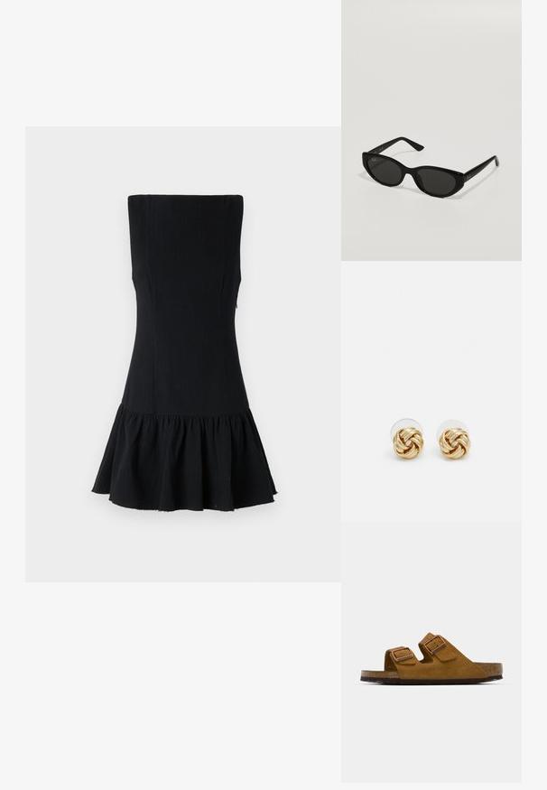 Rochie neagră, fără mâneci, cu un corset ajustat și tiv flared cu volane. Fabricată dintr-un material texturat cu un finisaj neted și fără hardware vizibil.; Sandale din suede maro cu două catarame ajustabile, talpă din plută și sole din cauciuc texturat. Design cu vârful deschis și tip slip-on pentru confort.; Ochelari de soare negri cu o formă subțire, stil cat-eye. Realizați din plastic neted, având lentile întunecate și accente subtile cu logo pe brațe.; Cercei cu tija aurie, cu un design răsucit. Fiecare cercel are un fundal circular transparent pentru o purtare sigură.