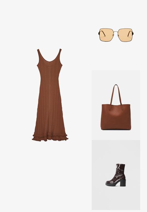 Braunes geripptes Kleid mit Rundhals, taillierter Silhouette und rüschengesäumtem Saum. Hergestellt aus einem strukturierten Stoff, hat es eine glatte Oberfläche.; Glatte bordeauxrote Ankle Boots mit einem klobigen schwarzen Absatz, die eine glatte Oberfläche und ein einfaches Design aufweisen. Keine sichtbaren Verschlüsse oder Muster.; Quadratische Sonnenbrillen mit braunen Gläsern und einem dünnen schwarzen Metallrahmen. Verfügt über schräg gestaltete Bügel und verstellbare Nasenpads für zusätzlichen Komfort.; Braune Leder-Tote mit glatter Textur, offenem Oberteil und zwei Schulterriemen. Verfügt über minimale Nähte und keine sichtbaren Beschläge.