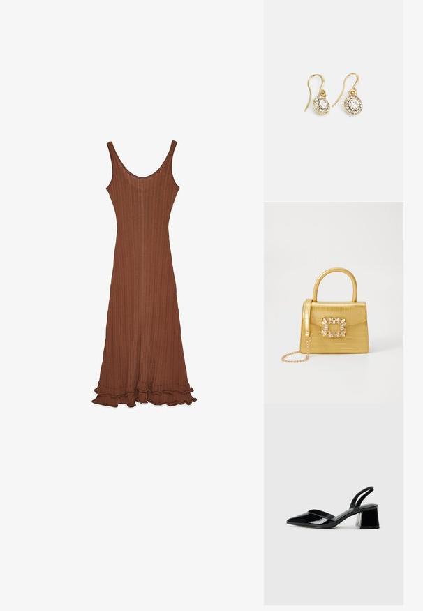 Abito marrone a coste con scollatura a girocollo, silhouette aderente e orlo arricciato. Realizzato in un tessuto strutturato, ha una finitura liscia.; Décolleté in vernice nera con punta affusolata e tacco in geometria cubica. Presentano un design elegante e minimalista, con una texture liscia.; Borsa finta coccodrillo gialla con design strutturato, manico superiore, tracolla a catena removibile e abbellimenti in cristallo decorativi sulla chiusura.; Orecchini color oro con cristalli trasparenti di forma ovale circondati da pietre più piccole e trasparenti, dotati di un design a gancio per una vestibilità sicura.