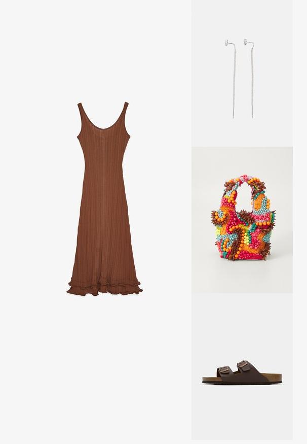 Brūna ribota kleita ar apaļu kaklu, piegulošu siluetu un kraukšķīgu apakšmalu. Izgatavota no teksturēta auduma, tai ir gluda virsma.; Brūnas, plakanas slaidu sandalītes ar divām regulējamām siksnām. Izgatavotas no gludas materiāla, ar korķa zoli un teksturētu gumijas zoli.; Pērlīšu somiņa ar spilgtām krāsām: rozā, oranža, zila un brūna. Teksturēta virsma ar apaļām pērlītēm un organiskām formām, izturīgas rokturi.; Sudraba karājas auskari ar plānu, sietveida ķēdes dizainu un taisnām kāju akcentiem, aprīkoti ar tauriņa aizdariem drošai piestiprināšanai.