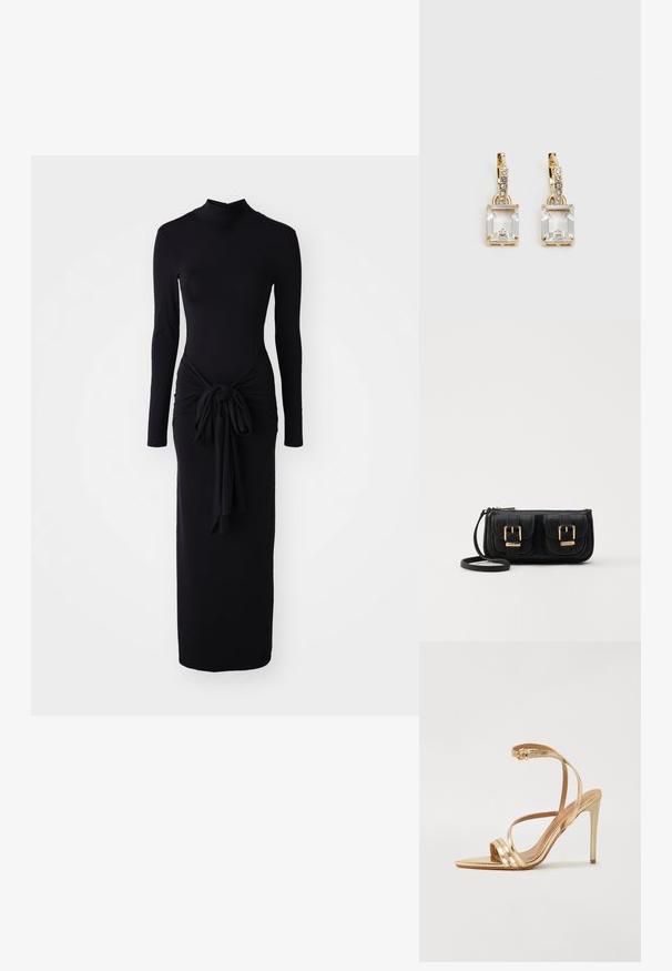 Μαύρο φόρεμα με μακριά μανίκια και ψηλή λαιμόκοψη, με κόμπο στη μέση και κομψή, εφαρμοστή σιλουέτα. Κατασκευασμένο από ελαστικό ύφασμα.; Even&Odd Ψηλοτάκουνα πέδιλα - gold; Μαύρη δερμάτινη τσάντα ώμου με δύο μπροστινές τσέπες, χρυσά κούμπωματα, κλείσιμο με φερμουάρ και λεπτό λουρί. Υφή επιφάνειας και κομψό ορθογώνιο σχήμα.; Χρυσά σκουλαρίκια με ορθογώνιο, καθαρό κρύσταλλο που κρέμεται κάτω από μια σειρά μικρών, στρογγυλών, καθαρών λεπτομερειών. Λεπτός, σύγχρονος σχεδιασμός.