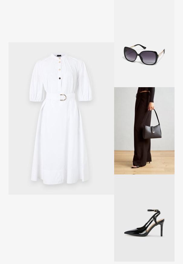 Bílé bavlněné šaty s krátkými nadýchanými rukávy, designem na knoflíky a páskem v pase, který má zlatou sponu.; Černé lakované kožené lodičky na vysokém podpatku s špičatou špičkou, nastavitelným páskem kolem kotníku a otevřenými stranami. Hladká textura.; Černé oversized sluneční brýle se gradientními skly, silnými rámy a zlatými řetízkovými detaily na nožičkách.; Černá kabelka se strukturovaným tvarem, hladkým povrchem a kovovým uzávěrem. Kombinována s širokými černými kalhotami a sandály s otevřenou špičkou na dřevěné podlaze.