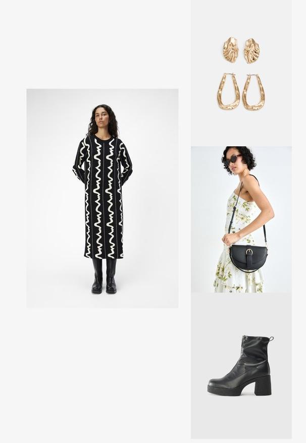 Juoda ilga suknelė su baltomis bangos formos raštais. Turi apvalų kaklą ir ilgus rankovės. Dėvima su juodais iki kelių batais.; Juodos kulkšninių botai, pagaminti iš lygaus odos, su šoniniu užtrauktuku, masyviu tekstūruotu kulnu ir apvaliu pirštu.; Juodas odinis krepšys su išlenkta forma, nuimamu dirželiu ir auksiniais detalėmis. Krepšys turi kilpą su sagtimi.; Auksinės auskarai, turintys tekstūruotus, bangų formos elementus. Įeina skulptūriniai segami auskarai ir atviri lankai su išmuštu paviršiumi.