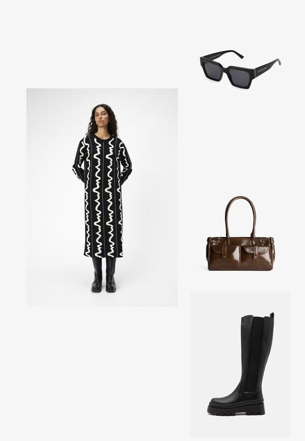 Sort lang kjole med hvide bølgende mønstre. Har en rund halsudskæring og lange ærmer. Kombinationen med sorte knæhøje støvler.; Sorte knæhøje støvler lavet af glat læder med elastiske sidepaneler, chunky platformsål og ribbet tekstur i bunden.; Sorte firkantede solbriller med tykke rammer og mørke linser. Har branding på siden af stangen. Glat finish med en mat tekstur.; Brun syntetisk håndtaske med en blank overflade, der har to frontlommer, syede detaljer og dobbelte håndtag til bæring.