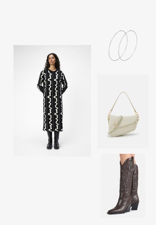 Crna duga haljina s bijelim valovitim uzorcima. Ima okrugli izrez i duge rukave. Uparena s crnim čizmama do koljena.; Smeđe kožne kauboj čizme s šiljastim vrhom i blok-potpeticom, s detaljno izvezenim šavovima i uzdignutim naglascima na okovu.; Mala krem torbica s teksturiranim finišom, dugačkim podesivim remenom, lančanim detaljem i preklopom. Zlaćani hardver.; Srebrne okrugle naušnice s minimalističkim dizajnom. Kružni oblik, glatka tekstura i tanak profil. Lagane s poliranim završetkom.