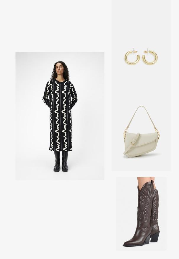 Fekete, hosszú ruha fehér, hullámos mintákkal. Kerek nyakkivágással és hosszú ujjakkal rendelkezik. Fekete, térd fölé érő csizmával párosítva.; Barna bőr cowboy csizmák hegyes orral és blokk sarkal, részletes varrással és kiemelkedő díszítésekkel a szárán.; Kis krémszínű táska texturált felülettel, hosszú, állítható pánttal, láncos díszítéssel és fedéllel záródik. Aranyszínű fém részletek.; Arany fülbevalók sima, fényes felülettel. Kör alakú dizájn, amely kis kapoccsal és átlátszó tartozékkal rendelkezik a biztonságos viselés érdekében.