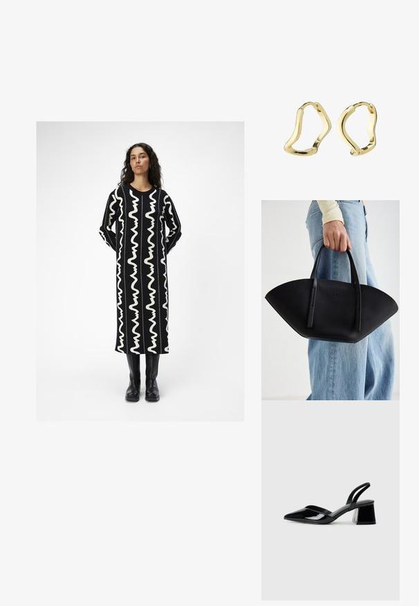 Sort lang kjole med hvide bølgende mønstre. Har en rund halsudskæring og lange ærmer. Kombinationen med sorte knæhøje støvler.; Sorte patentlæder slingback hæle med spids tå og en geometrisk blok hæl. Har et elegant, minimalistisk design og en glat tekstur.; Sort læderhåndtaske med en unik vifteform, der har flade håndtag. Overfladen har en pebblelignende tekstur og et minimalistisk design.; Guld hoops øreringe med et flydende, bølge-lignende design. Glat tekstur, åben form og ingen synlige lukninger. Minimalistisk og moderne udseende.