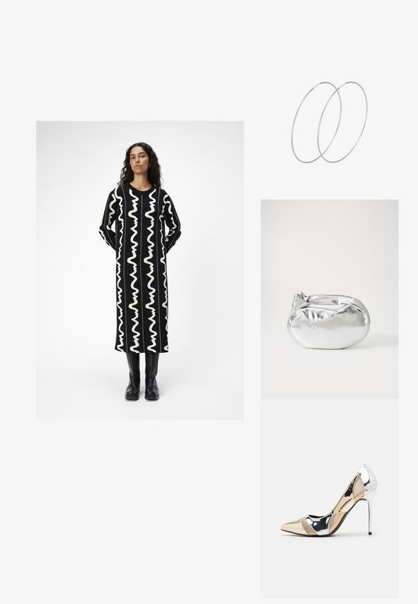 Schwarz langes Kleid mit weißen gewellten Mustern. Hat einen Rundhalsausschnitt und lange Ärmel. Kombiniert mit schwarzen kniehohen Stiefeln.; Spitz zulaufender High-Heel-Schuh in einer Farbgestaltung aus Silber, Gold und Nude. Glänzende Oberfläche mit Ausschnittdesign und stiletto Absatz.; Silberne metallic Pouch-Tasche mit einer sanften, abgerundeten Form und einem geknoteten Verschluss oben. Hergestellt aus glattem Kunstleder.; Silberne Creolen mit minimalistischem Design. Rundform, glatte Oberfläche und dünnes Profil. Leichtgewichtig mit hochglänzender Oberfläche.