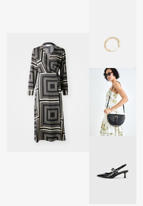 Czarna i kremowa sukienka w stylu wrap z geometrycznym wzorem w kwadraty, długimi rękawami, kołnierzykiem oraz wiązaniem w talii. Gładka faktura materiału.; Czarne lakierowane szpilki slingback z wąskim noskiem i małym słupkiem, z ozdobnym srebrnym klamrą na pasku.; Czarna skórzana torebka o zakrzywionym kształcie, z odpinanym paskiem i złotymi akcentami. Torebka posiada klapę z zapięciem w kształcie klamry.; Pierścionek w odcieniu złota z organicznym, skręconym wzorem, o gładkiej fakturze i zwężających się końcach, tworzący nowoczesny, rzeźbiarski wygląd.
