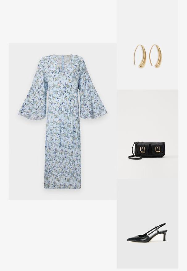Virágmintás ruha világoskék háttérrel, harangujjakkal, V-nyakkal és zöld és sárga virágokkal díszítve.; Fekete lakk slingback sarok, hegyes orral, texturált kígyómintával, állítható pánttal és rövid, texturált tömbsarkal.; Fekete bőr keresztbody táska két elülső zsebbel, arany csattokkal, cipzáras záródással és vékony pánttal. Textúrált felület és kompakt téglalap alak.; Aranyszínű fémből készült karika fülbevalók ívelt, hosszúkás formával. Simaságával és fényes felületével, valamint lekerekített végével további részletekkel bővül.