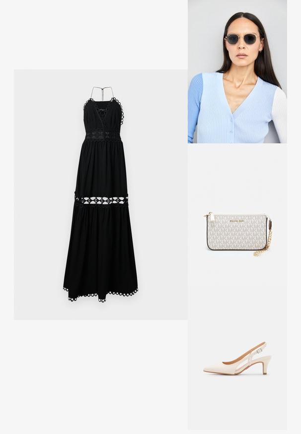 Juodas maxi suknelė su giliu V formos iškirpimu ir halter tipo petnešėlėmis. Savybės siuvinėti apvalūs akcentai ir išpjova liemens ir apdailos srityje.; Balti slingback kulniukai su smailiu pirštu, lygia viršutine medžiaga, žemu blokuotu kulnu ir šoniniu išpjovimu su reguliuojamu sagtimi.; Apskriti saulės akiniai su tamsiais objektyvais ir auksiniais rėmeliais. Modelis vilki šviesiai mėlyną, raukinį kardiganą su mygtukais ir kontrastingomis baltomis rankovėmis.; Michael Kors rankinė smėlio spalvos dengto kanvoje su pakartotiniu MK logotipo raštu, auksinėmis detalėmis ir nuimamu grandininiu dirželiu.