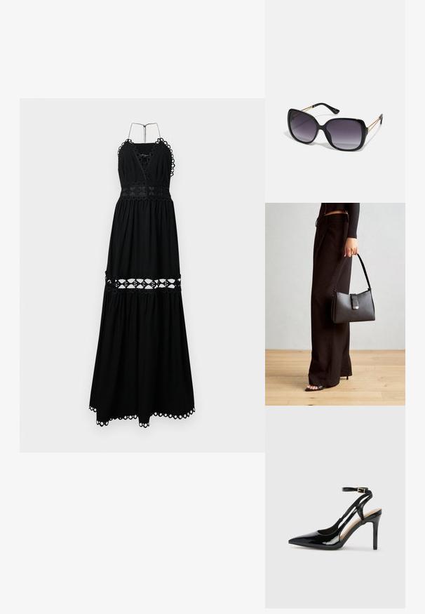 Robe maxi noire avec un décolleté en V profond et des bretelles halter. Présente des accents circulaires brodés et un design découpé à la taille et à l'ourlet.; Escarpin en cuir verni noir à talon haut, avec un bout pointu, une bride réglable à la cheville et des côtés ouverts. Texture lisse.; Lunettes de soleil noires surdimensionnées avec des verres dégradés, monture épaisse et détails en chaîne dorée sur les branches.; Sac à main noir à la forme structurée, texture lisse et fermoir métallique. Associé à un pantalon noir ample et des sandales ouvertes sur un sol en bois.