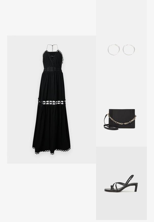 Mustmustreyne mustriga, millel on sügav V-kujuline kaelus ja kaela rihmad. Omab brodeeritud ümmarguseid aktsente ning lõikamist disainis vöökoht ja ääre juures.; Mustast rihmajalatsid ruudukujulise varba ja madala ploki kontsaga. Omab mitmeid õhukesi rihmasid ja reguleeritavat pahkluu rihma. Valmistatud siledast nahast.; Mustast nahast õlakott, mis omab siledat tekstuuri, ristküliku kuju ning esiküljel metallketi detaili. Reguleeritav rihm on kaasas.; Hõbedased rõngaskõrvarõngad, millel on sujuv ja ümar disain, millel on sile pind ja nähtavad kaunistused puuduvad. Diameeter ei ole täpsustatud.