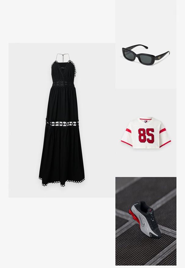 Crna maksi haljina s dubokim V izrezom i halter trakama. Sadrži izvezene kružne detalje i prorez dizajn na struku i rubu.; Skraćeni bijeli nogometni dres od mrežastog materijala. Ima crvene pruge na rukavima i veliki crveni broj '85' na prednjoj strani.; Crne i sive atletske tenisice s crvenim jastučićem na potplatu, crnim vezicama i swoosh logotipom, odložene na metalnoj rešetkastoj površini.; Crne pravokutne sunčane naočale s tamnim staklima, izrađene od glatke plastike. Sadrže zlatni logo kao dodatak na jednoj dršci.