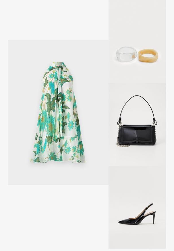 Lillelillek ja õhuline lillemustriga kleit, millel on halter kaelus, valge taust ja eredad sinised ja rohelised lillemustrid, pehme kangas ja kihiline disain.; Must hõbedavärvi patendiga slingback kontsakingad terava varbaga, kitsas konts ja peene lõikega disain. Statistika on kuldne pandla rihmal.; Mustmust mustkott mustmust mustkott, millel on ristkülikukujuline kuju, kettstrap ja silmapaistev viimistlusaktsent keskel. Sile tekstuur.; Selge ja merevaigu pringi, üks sile ja läbipaistev, teine tekstuurse, merevaigu viimistlusega. Mõlemad omavad ümarat, tugevat disaini.