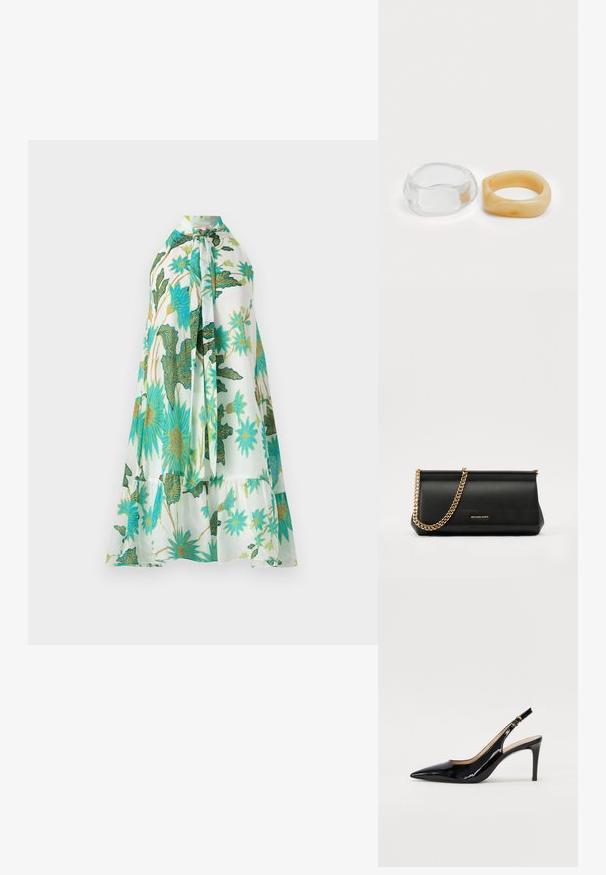 Cvijetna haljina s halter rezom, bijele pozadine i živopisnim plavim i zelenim cvjetnim uzorcima, od mekog materijala i s višeslojnim dizajnom.; Crne lakirane slingback cipele s oštrim vrhom, uskim potpeticama i suptilnim izrezom. Sadrže zlatnu kopču na traku.; Crna kožna torbica sa zlatnim lančićem, koja se odlikuje glatkom teksturom, pravokutnim oblikom i utisnutim brendom na prednjoj strani.; Bistre i prozirni prstenovi od smole, jedan glatki i proziran, a drugi s teksturiranim, bistrim završetkom. Obojica imaju zaobljene, masivne dizajne.