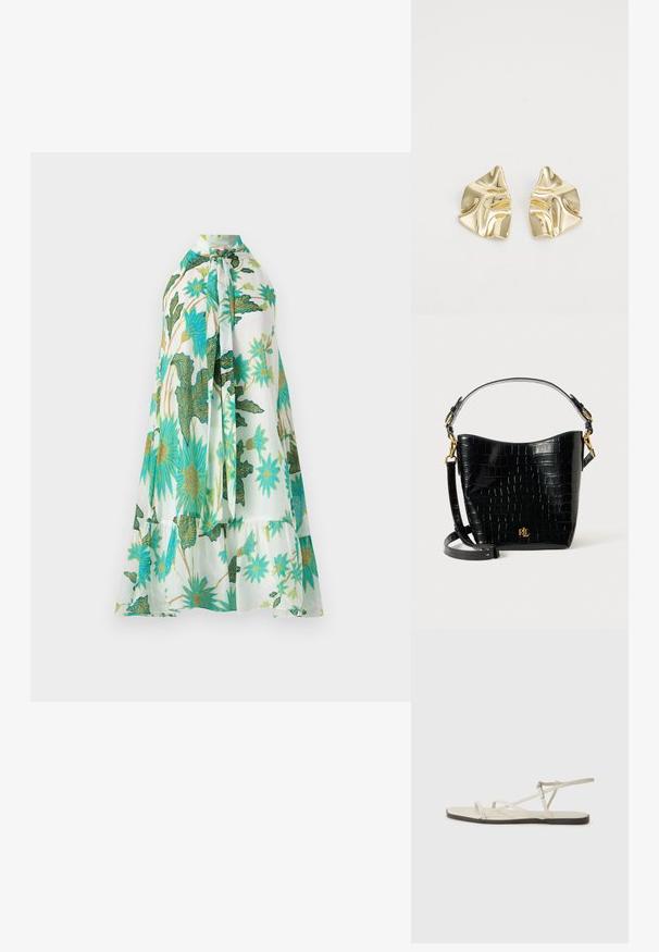 Virágmintás ruha, magas nyakkivágással, fehér háttérrel és élénk kék és zöld virágmintákkal, puha anyagból készült, rakott kialakítással.; Beige lapos szandál, amelyet több vékony pánt díszít, és állítható csattal rendelkezik. A talpa lapos, az élein enyhe sötét kontraszttal.; Fekete krokodil bőrhatású táska ívelt formával, arany színű fémalkatrészekkel, állítható pánttal és logó részlettel elöl.; Arany fém fülbevalók hullámos mintával; sima, fényes felület; aszimmetrikus forma; látható minták vagy szerelvények nélkül.