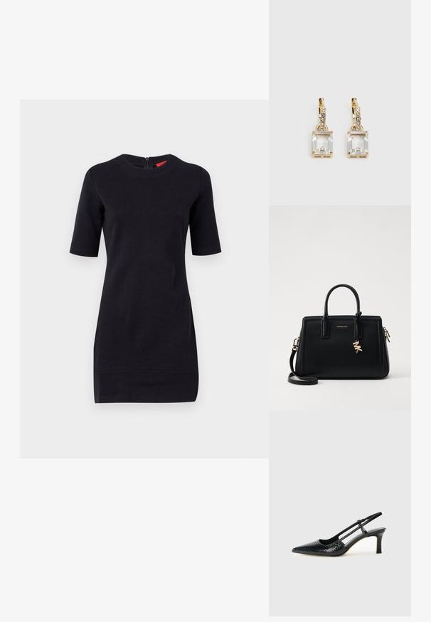 Črna kratkoletna obleka z okruglim izrezom in zadrgo na hrbtu. Narejena iz gladkega materiala z oprijetim krojem in brez vidnih vzorcev.; Črne lakaste slingback pete s koničastim nosom, ki imajo teksturiran vzorec kačje kože, nastavljiv trak in kratek teksturiran blok peto.; Črna usnjena torbica s strukturirano zasnovo, dvema zgornjima ročajema, odstranjevanim naramnim trakom, zlatim okovjem in dodatkom z logotipom.; Zlato obarvani uhani, ki vsebujejo pravokoten, prozoren kristal, obešen pod vrsto majhnih, okroglih prozornih dodatkov. Elegantna, moderna zasnova.