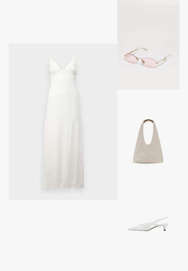 Bijela maxi haljina s teksturiranim uzorkom, koja ima duboki V izrez i tanke naramenice, napravljena od laganog materijala. Teče kroj.; Bijela slingback potpetica s oštrom punta, koja ima glatki gornji dio, suptilne izreze i nisku blok potpeticu. Crna potplata naglašava dizajn.; Gucci Sunčane naočale - gold-coloured/pink; Svijetlosivi kožni torba s oblikom u slovo U i zakrivljenim metalnim drškom. Glatka tekstura s minimalnim šavovima i bez vidljivih uzoraka.