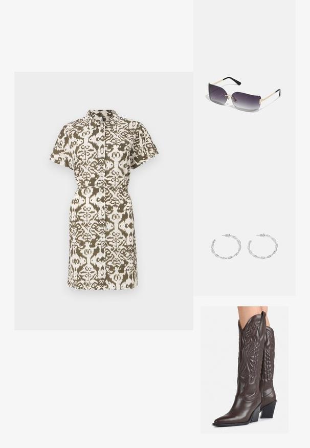 Kaelarigaga, millel on nööbid ees, lühikesed varrukad ja roheline-valge ikat-muster ning istuv talje.; Pruunid nahast cowboy saapad terava varbaga ja plokk-kandaga, millel on detailne tikand ja kergelt tõstetud aktsendid varrel.; Halli prillid halli gradient objektiiviga, kuldne metallraam ja mustad plastikaktsendid. Ainsad liblikakujulised objektiivid, millel on peened sangad.; Hõbedased rõngaskõrvarõngad keerutatud disainiga, millel on poleeritud viimistlus ja posti-tagune sulgemine. Diameeter umbes 3 cm.