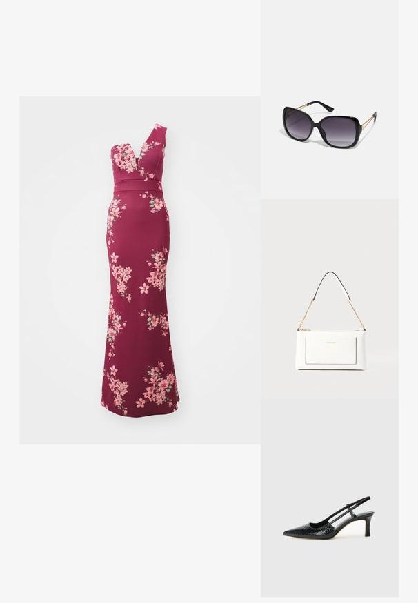 Burgundska cvetna obleka z globokim V-izrezom, oprijetim telesom in razširjenim robom. Značilni so rožnati in zeleni cvetlični vzorci po celotni obleki.; Črne lakaste slingback pete s koničastim nosom, ki imajo teksturiran vzorec kačje kože, nastavljiv trak in kratek teksturiran blok peto.; Črne prevelike sončne očala z degradacijskimi lečami, debelimi okvirji in zlatimi verižicami na ročajih.; Bela usnjena torbica z teksturirano površino, ki vključuje zlat pas in črne detajle. Ima sprednji žep in zadrgo.