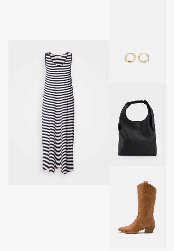 Vestido maxi sem mangas listrado em azul-marinho e branco. Apresenta um decote arredondado e um corte relaxado. Fabricado em tecido leve e macio.; Bota de cowboy em couro cáqui com bico pontiagudo, padrões de bordado em espiral no cano e um salto em bloco empilhado. Inclui uma alça para fácil calçar.; Saco hobo de couro preto com uma única alça suave e arredondada; apresenta uma textura suave e um design minimalista. Sem hardware ou acabamentos visíveis.; Brincos de argola dourados com um formato irregular e texturizado. Apresentam um fecho sem emenda e um acabamento polido, destacando um design moderno.