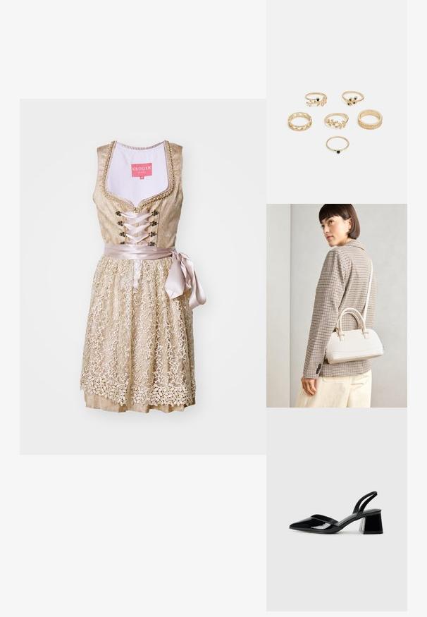 Lace-trimmed dress in light gold with a fitted bodice, satin ribbon tie at the waist, and floral details along the skirt.; Black patent leather slingback heels with a pointed toe and a geometric block heel. Features a sleek, minimal design and smooth texture.; White structured handbag with short handles and a shoulder strap, featuring gold hardware accents and textured material, displayed against a grey background.; Set of six gold rings featuring various designs: braided, leaf motifs, and solid bands; some with green gemstone accents.