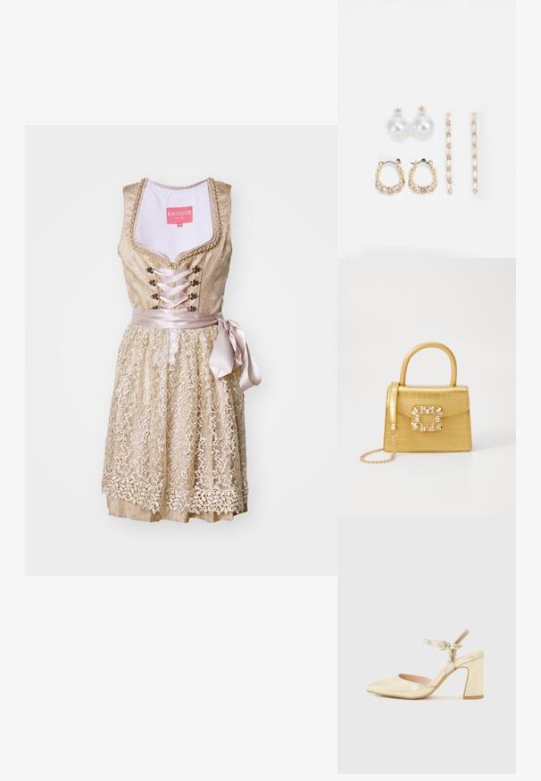 Šaty s krajkovým lemem v světle zlaté barvě s vypasovaným živůtkem, saténovou mašlí v pase a květinovými detaily podél sukně.; Zlatý metalický lodičkový bot s špičatou špičkou, kotníkovým páskem se zakulaceným zapínáním a designem masivního podpatku. Hladká textura.; Žlutá kabelka z umělé krokodýlí kůže se strukturovaným designem, horním uchopem, odnímatelným řetízkovým popruhem a dekoračním krystalovým zdobením na zapínání.; Tři páry náušnic: velké bílé perlové naušnice, zlaté kruhové naušnice s průhlednými drahokamy a dvě dlouhé, rovné zlaté naušnice s třpytivými detaily.