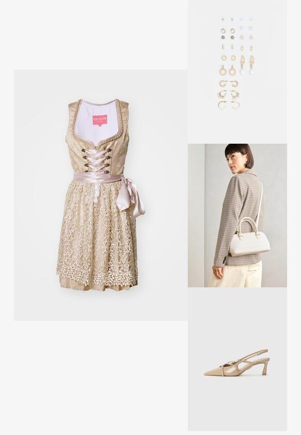 Obleka s čipkastim robom v svetlo zlatem odtenku z oprijetim korzetom, satenskim trakom na pasu in cvetličnimi detajli ob krilu.; Bež lakirane usnjene čevlje s slingbackom in konico, prilagodljivi trakovi ter 6 cm blok peto. Vključuje dekorativne srebrne akcentre.; Bela strukturirana torba z kratkimi ročaji in naramnim trakom, z zlatimi okrasnimi elementi in teksturiranim materialom, prikazana na sivi podlagi.; Set zlatonatih uhans, ki vključuje različne dizajne, vključno s studiemi, obroči in visečimi kosi z biseri in rhinestones.