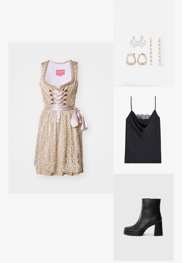 Robe ornée de dentelle en or clair avec un buste ajusté, un ruban en satin noué à la taille et des détails floraux le long de la jupe.; Camisole noire avec des bretelles réglables, décolleté drapé, et une délicate bordure en dentelle noire sur le dessus. Tissu lisse ressemblant à du satin.; Bottine en cuir noir avec un talon bloc et une semelle plateforme, vue de côté sur un fond blanc uni.; Trois paires de boucles d'oreilles : de grandes perles blanches en boutons, des créoles en or avec des pierres claires, et deux longues boucles d'oreilles droites en or avec des détails scintillants.